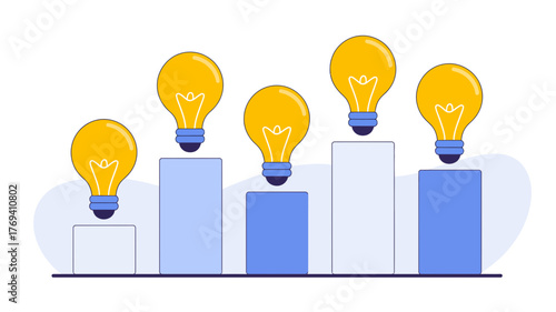 Illustration of glowing light bulbs above rising bar graph bars symbolizing innovation growth and successful idea generation