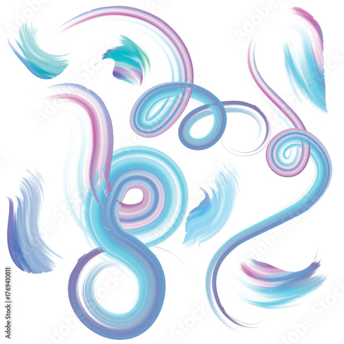 Vector brush strokes set with abstract colorful collection of artistic paint swirls and doodle wavy lines in vibrant blue, turquoise, and purple watercolor textures. Isolated on white background.