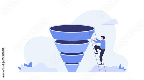 Man climbs ladder up a large blue sales funnel symbolizing business growth and reaching new heights in marketing strategy
