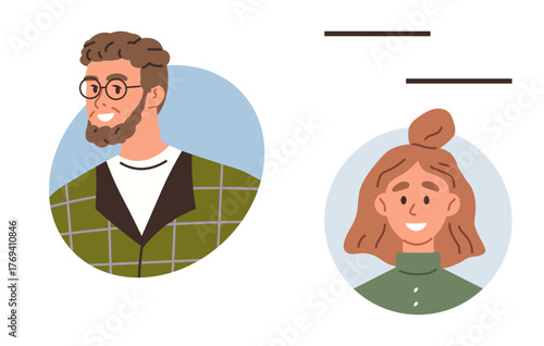 Two smiling cartoon-style portraits of a man in glasses and a woman in a bun with geometric backgrounds. Ideal for profiles, avatars, branding, communication, social media, identity, visual metaphor