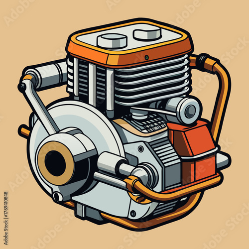 Illustration of a detailed engine with orange and gray color scheme