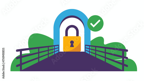 Secure bridge with a locked gate and a green checkmark symbolizing safety and successful access to a protected area