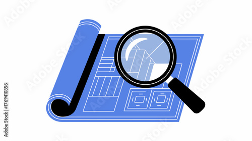 Magnifying glass examining a rolled up blue blueprint with architectural plans and designs for construction projects