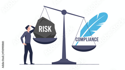 Man pondering the imbalance between heavy risk and light compliance represented by a feather on a scale