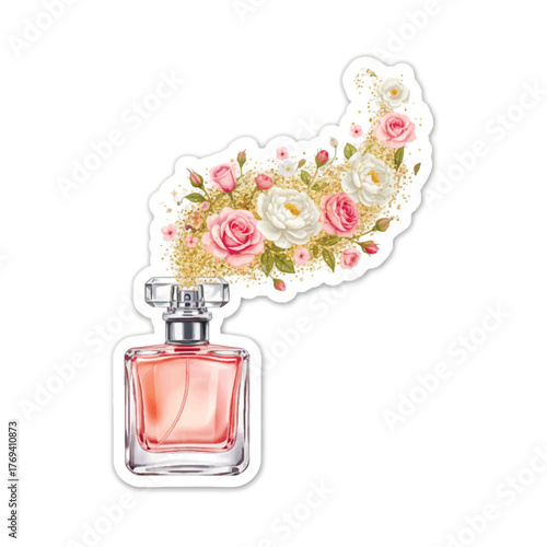 Elegant perfume bottle illustration. Vector spray of pink and white watercolor roses with gold glitter dust, symbolizing floral fragrance. Beautiful design.