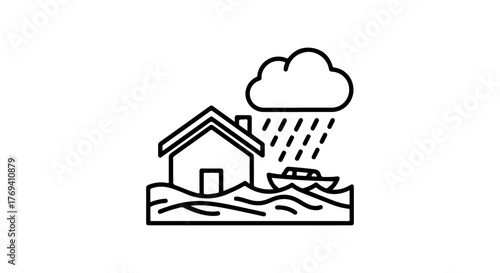 House and boat submerged in floodwaters during heavy rain from a cloud