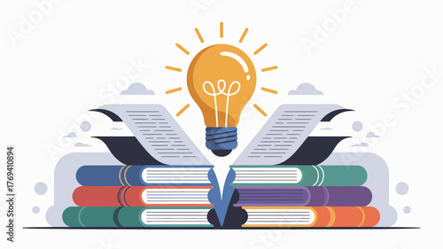 Bright idea concept illustrated by an illuminated lightbulb emerging from a stack of colorful books and open pages