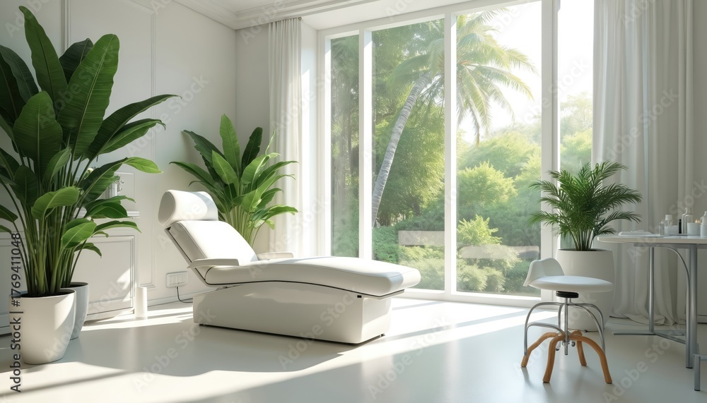 Fototapeta premium Modern spa room with white reclining chair. Rich green tropical plants surround the space. Large windows offer views of trees and nature. Clean, bright, and serene ambiance for wellness procedures.