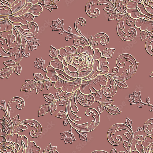 3d embossed line art luxury mauve and gold floral seamless pattern. Vector emboss background with vintage relief lines baroque golden roses and leaves in an intricate surface 3D texture. Ornate design