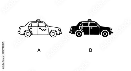 Two contrasting taxi cabs one white and one black labeled a and b