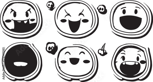 A vector illustration set of funny cartoon faces and heads featuring a variety of smiley, emotion, and character expressions