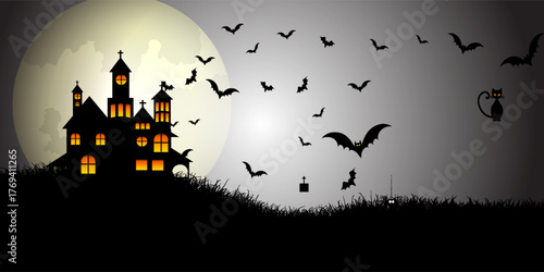 Halloween background with the concept of Haunted Castle, Moon and Spooky Trees. 3d rendering.
