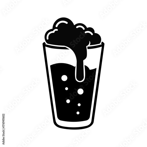 Soda Drink Silhouette Vector, Minimal Black Glass with Bubbles and Foam. Refreshing Beverage Icon for Cafe, Restaurant, and Summer Drink Design.