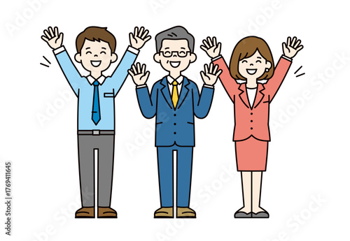 笑顔でバンザイする、経営者と従業員の男性と女性の全身ベクターイラスト素材セット＿カラー