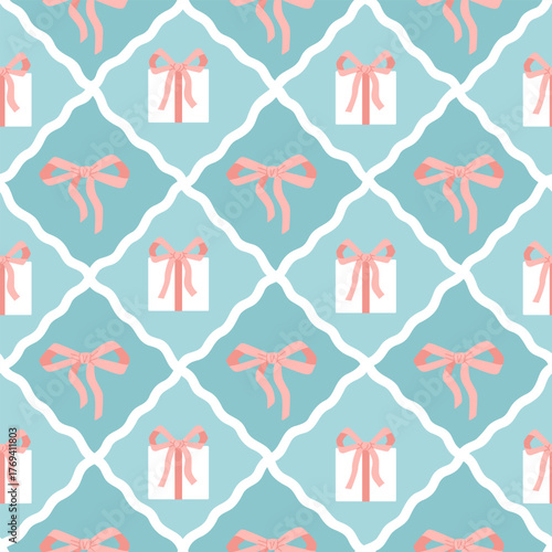 Checkered pattern with ribbon bows and gift boxes in vintage style. Cute rhombus seamless texture on blue background. Vector illustration for birthday wrapping paper