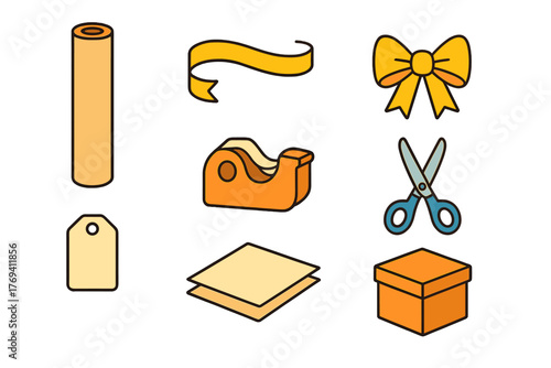 Essential supplies for gift wrapping and crafting projects including paper ribbon scissors and box