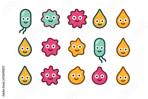 Assortment of happy colorful microscopic cells and bacteria shapes with friendly faces