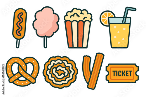Popular carnival fair food snacks including popcorn cotton candy and corn dogs with ticket