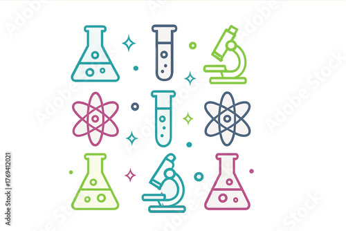 Colorful seamless pattern of science and chemistry icons including flasks test tubes and atoms