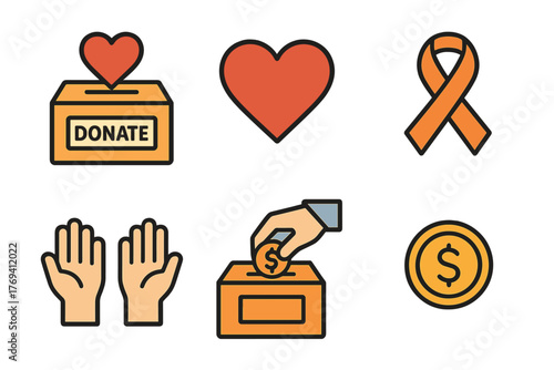 Charity and donation symbols including heart, ribbon, hands, and money box collection