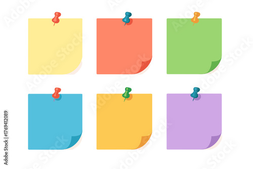 Six colorful blank sticky notes pinned to a white background using various pushpins