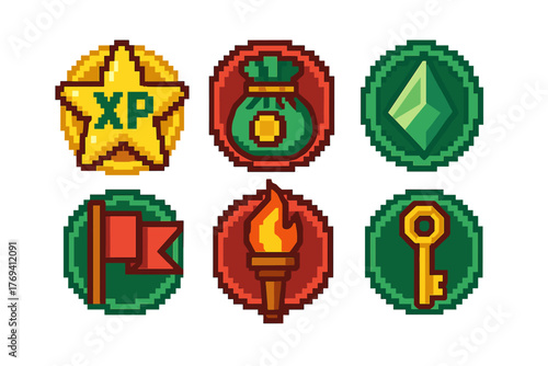 Set of six retro pixel style icons for video game interface elements and rewards