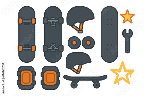 Collection of dark gray and orange skateboarding components and protective equipment