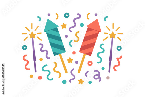 Colorful festive rockets and sparklers with confetti and streamers for a holiday celebration