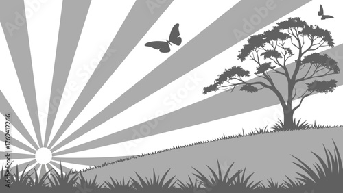 Serene nature scene with butterflies soaring near a solitary tree bathed in sunlight, creating a peaceful and calming atmosphere for mindful reflection