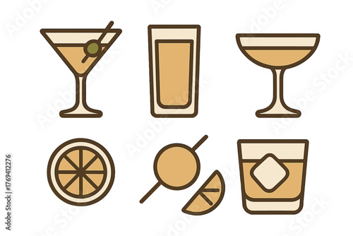 Collection of classic cocktail glasses and drink garnishes in a simple flat design style for bars