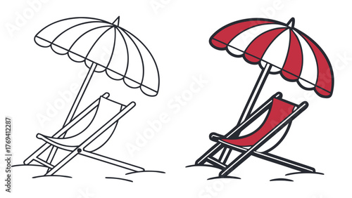 Relaxing beach vacation vibes with a stylish red umbrella and lounge chair, perfect for summertime promotions and travel designs offering rest and escape