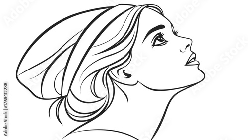 Elegant contour drawing of a woman gazing upward with stylish hair, perfect for modern art prints and minimalist design projects that need a touch of sophistication.