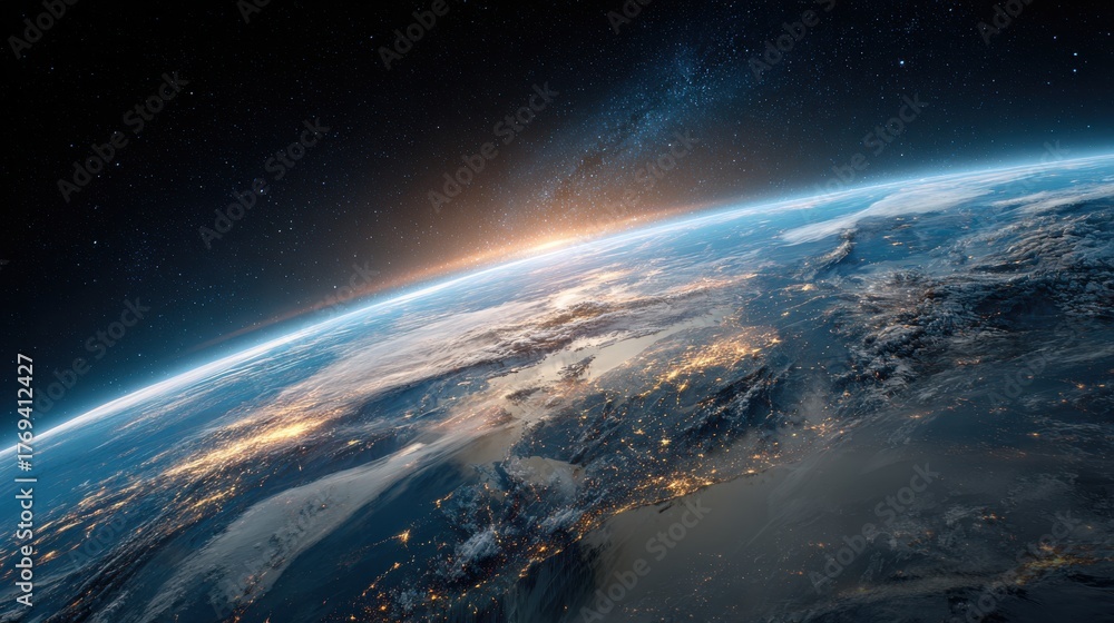 Obraz premium Sunrise over earth from space with city lights visible below