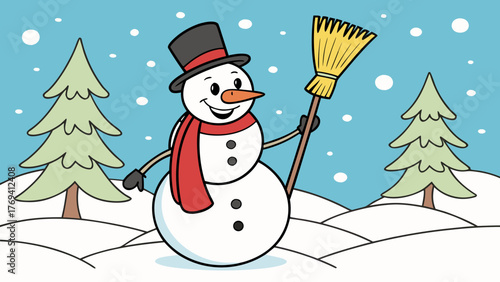 Whimsical snowman sweeping snow near evergreen trees, a delightful winter scene evoking holiday cheer and festive fun for seasonal designs and creative projects