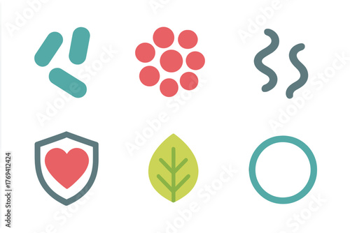 Simple health and wellness icons set featuring probiotics, immunity shield, organic leaf, and cell cluster symbols