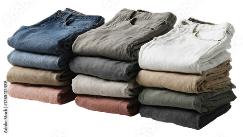 Neatly organized stack of folded jeans in various colors showcasing range of styles and textures isolated on transparent background