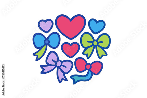 Brightly colored hearts and festive ribbon bows grouped together in a round composition