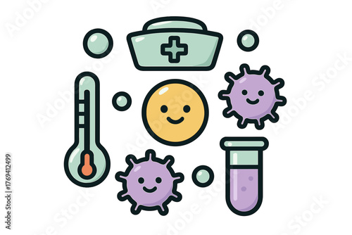 Set of cute medical symbols including thermometer nurse hat happy virus and laboratory equipment