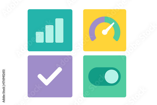 Colorful set of user interface icons for data performance confirmation and settings control