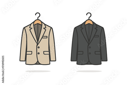 Classic tailored suit jackets in light and dark colors hanging on wooden clothes hangers