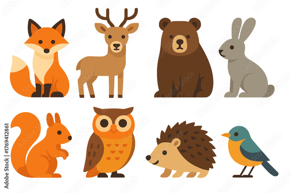 Obraz premium Adorable collection of eight common forest animals isolated on a white background
