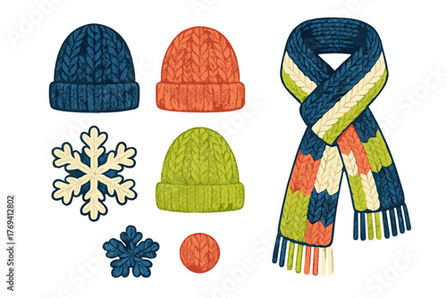 Colorful knitted winter hats and scarf set with decorative snowflakes on white background