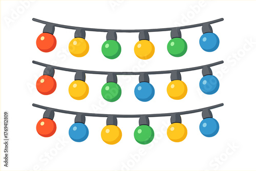 Colorful Christmas string lights hanging in three rows for holiday decoration