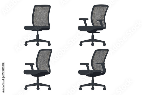 Set of four modern ergonomic office chairs with mesh backs and adjustable armrests