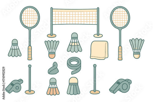 Badminton game equipment set including rackets, shuttlecocks, net, and accessories