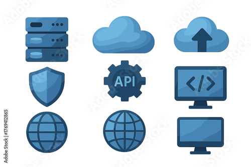 Essential technology icons set featuring cloud computing, data server, security shield, API, and global network