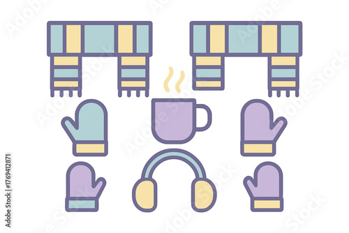 Cozy cold weather essentials collection including striped scarves, warm mittens, hot cocoa, and earmuffs