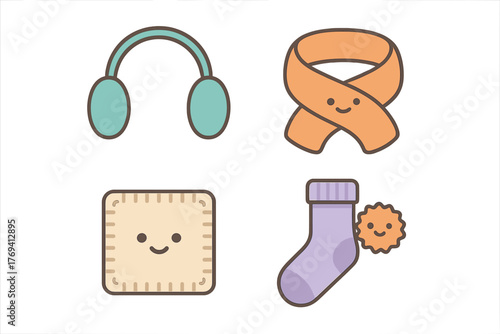 Kawaii cozy winter items set featuring earmuffs, smiling scarf, warm sock, and happy biscuit