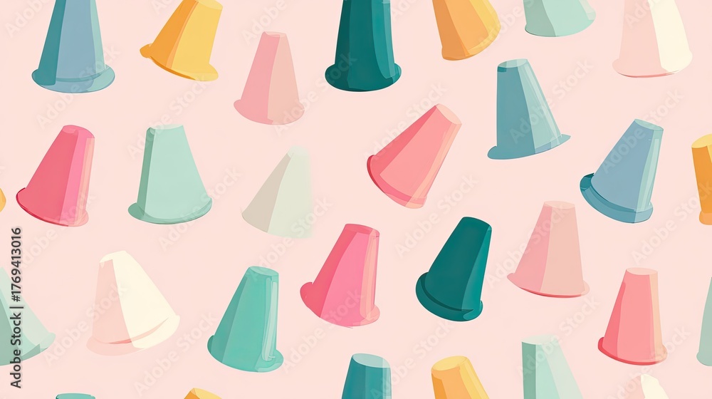 Obraz premium Colorful Pastel Cups Pattern on a Soft Pink Background