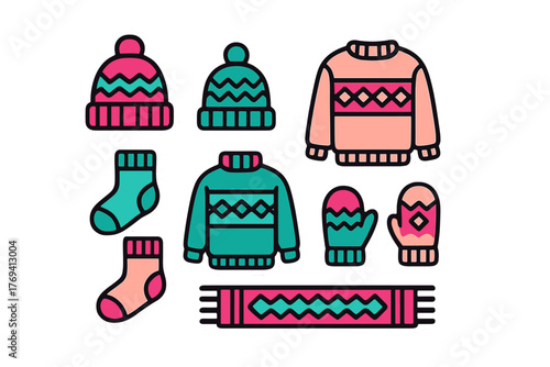 Cozy winter knitwear apparel set including hats sweaters socks mittens and scarf